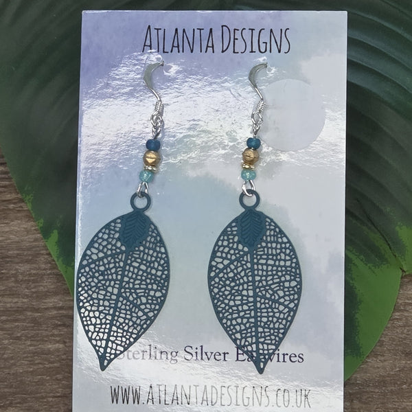 Teal Large Leaf Dangly Earrings