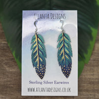 Hand Painted Faux Leather Feather Dangly Earrings
