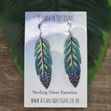 Hand Painted Faux Leather Feather Dangly Earrings