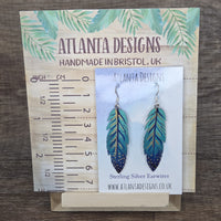 Hand Painted Faux Leather Feather Dangly Earrings