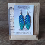 Handmade "feather" earrings, handpainted Caribbean blue