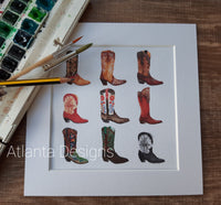Cowboy Boots (Right) - 8" Country Mounted Watercolour Print
