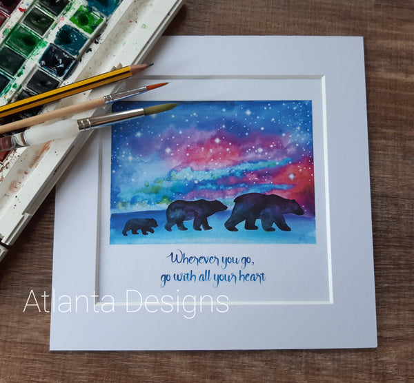 Polar Bears Northern Lights - 8" Mounted Watercolour Print