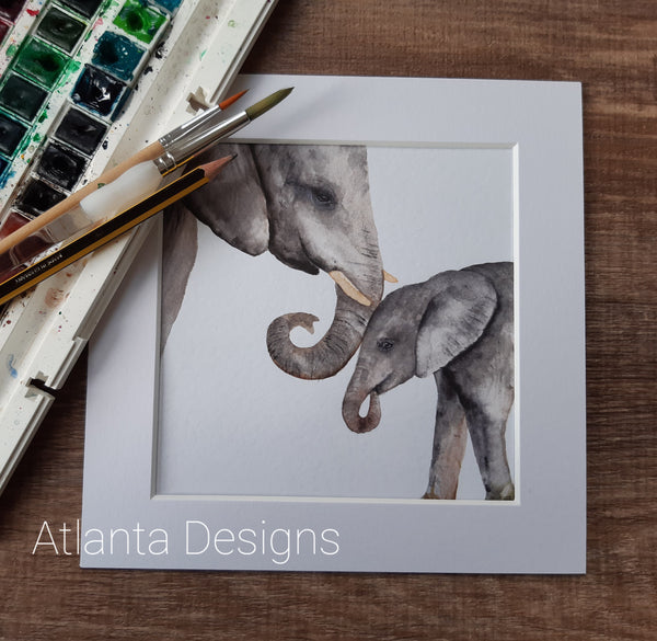 Elephants Mother & Baby - 8" Mounted Watercolour Print