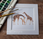Giraffe Family - 8" Mounted Watercolour Print