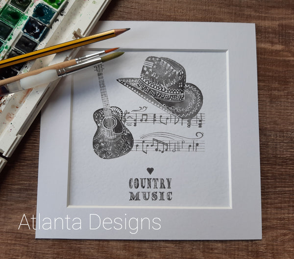 Country Music - 8" Mounted Watercolour Print