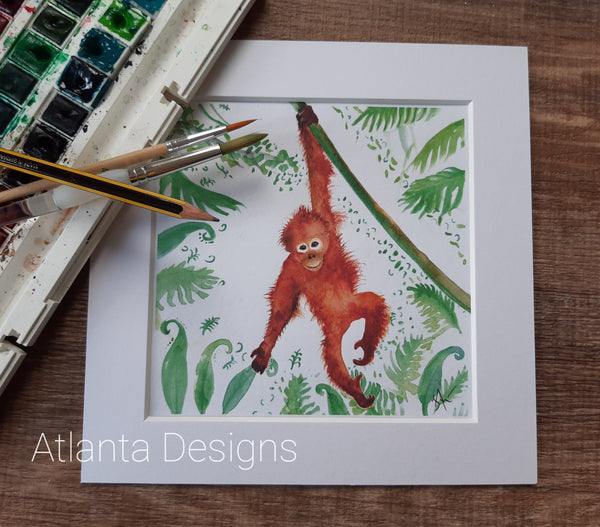 Orangutan Jungle - 8" Mounted Watercolour Print