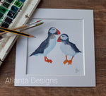 Puffins - 8" Mounted Watercolour Print