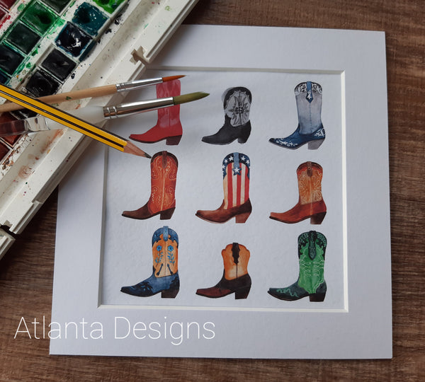 Cowboy Boots (Left) - 8" Country Mounted Watercolour Print