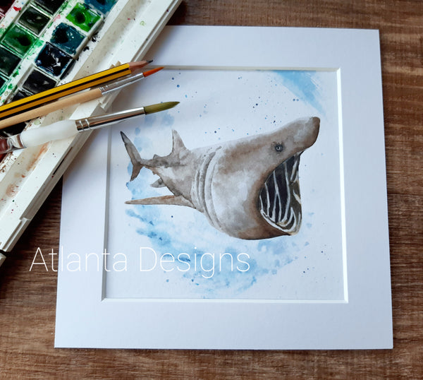 Basking Shark - 8" Mounted Watercolour Diving Print
