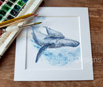 Humpback Whale Mother & Calf - 8" Mounted Watercolour Print - Scuba Diving