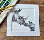 Rhino Mother & Baby - 8" Mounted Watercolour Print