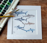 Sharks - 8" Mounted Watercolour Print - Scuba Diving