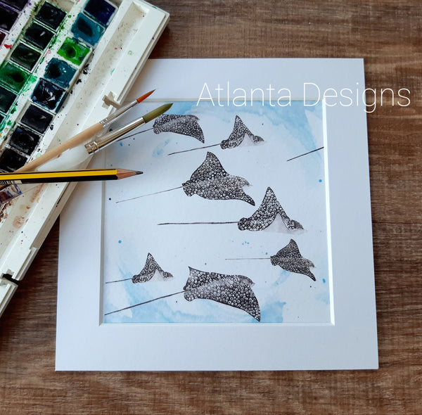 Spotted Eagle Rays - 8" Mounted Watercolour Print - Scuba Diving