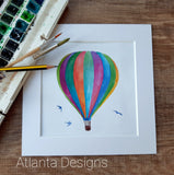 Striped Hot Air Balloon - 8" Mounted Watercolour Print