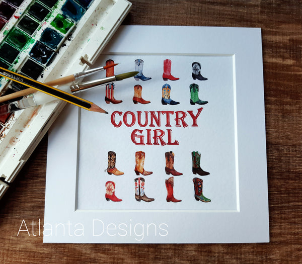 Country Music & Boots - 8" Country Mounted Watercolour Print