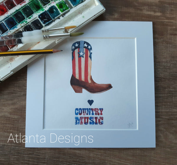 Striped Cowboy Boot - 8" Country Music Mounted Watercolour Print