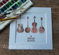 String Instruments - 8" Country Music Mounted Watercolour Print