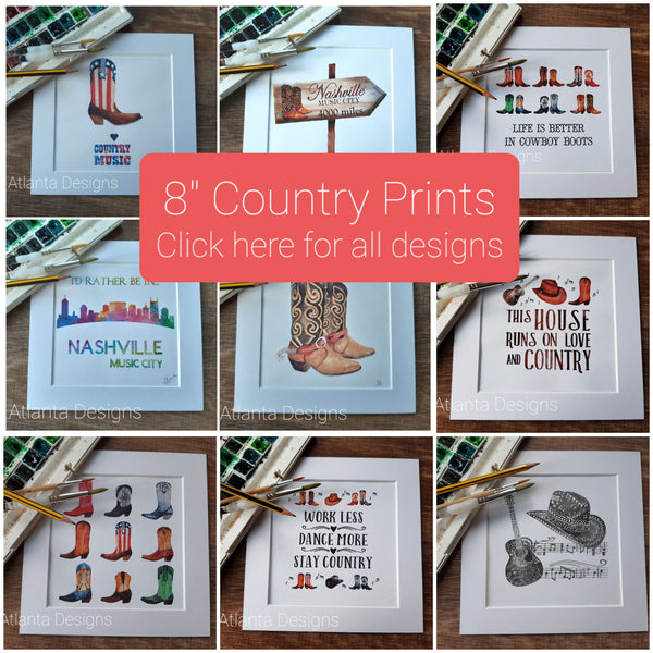 COUNTRY MUSIC & COWBOYS - 8"x8" Watercolour Prints