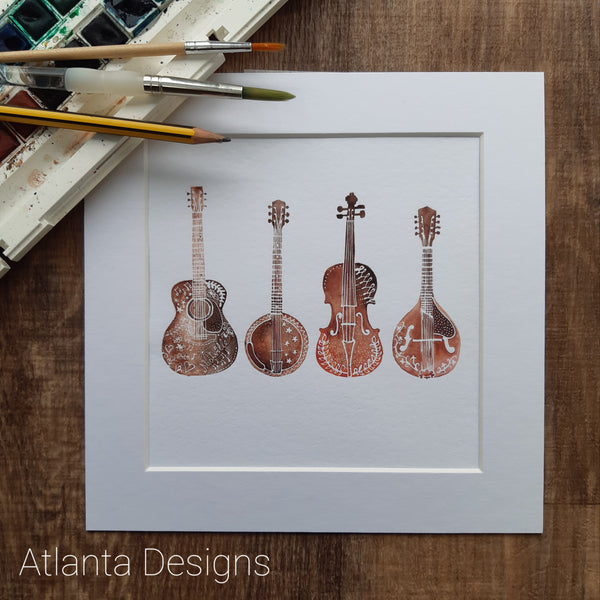 Guitars & Strings - 8" Country Music Mounted Watercolour Print