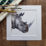 Rhino - 8" Mounted Watercolour Print
