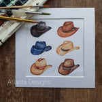 Cowboy Hats - 8" Country Music Mounted Watercolour Print