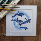 Orcas Killer Whales - 8" Mounted Watercolour Print Scuba Diving