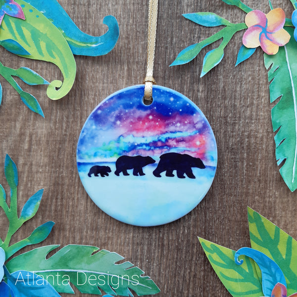 Polar Bears & Northern Lights - Individual Christmas Ceramic Hanging Decoration