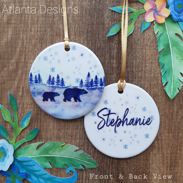 PERSONALISE ME! Polar Bears Winter Forest - Individual Ceramic Hanging Christmas Decoration