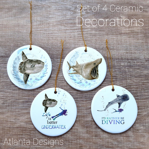 Scuba Diving - Set of 4 Ceramic Hanging Decorations