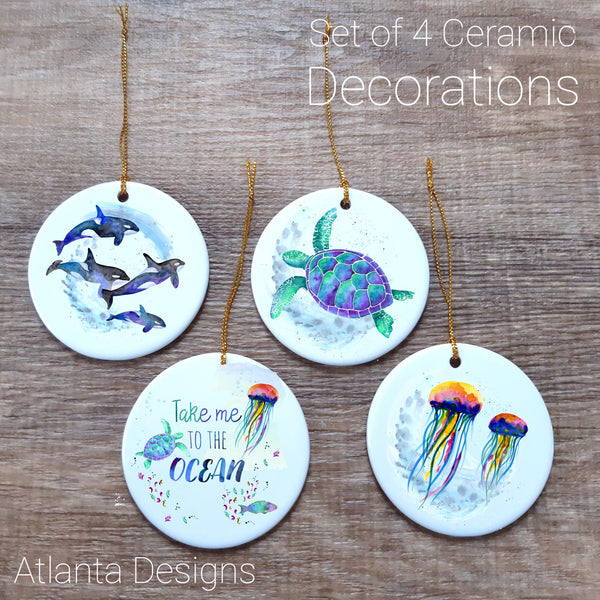 Ocean & Sealife - Set of 4 Ceramic Hanging Decorations