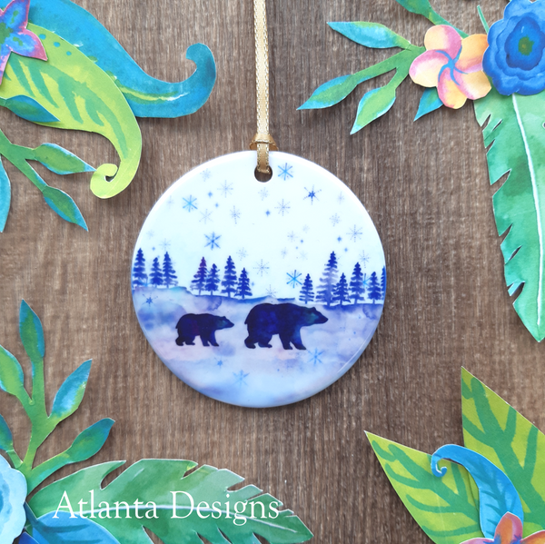 Polar Bears & Winter Forest - Individual Christmas Ceramic Hanging Decoration